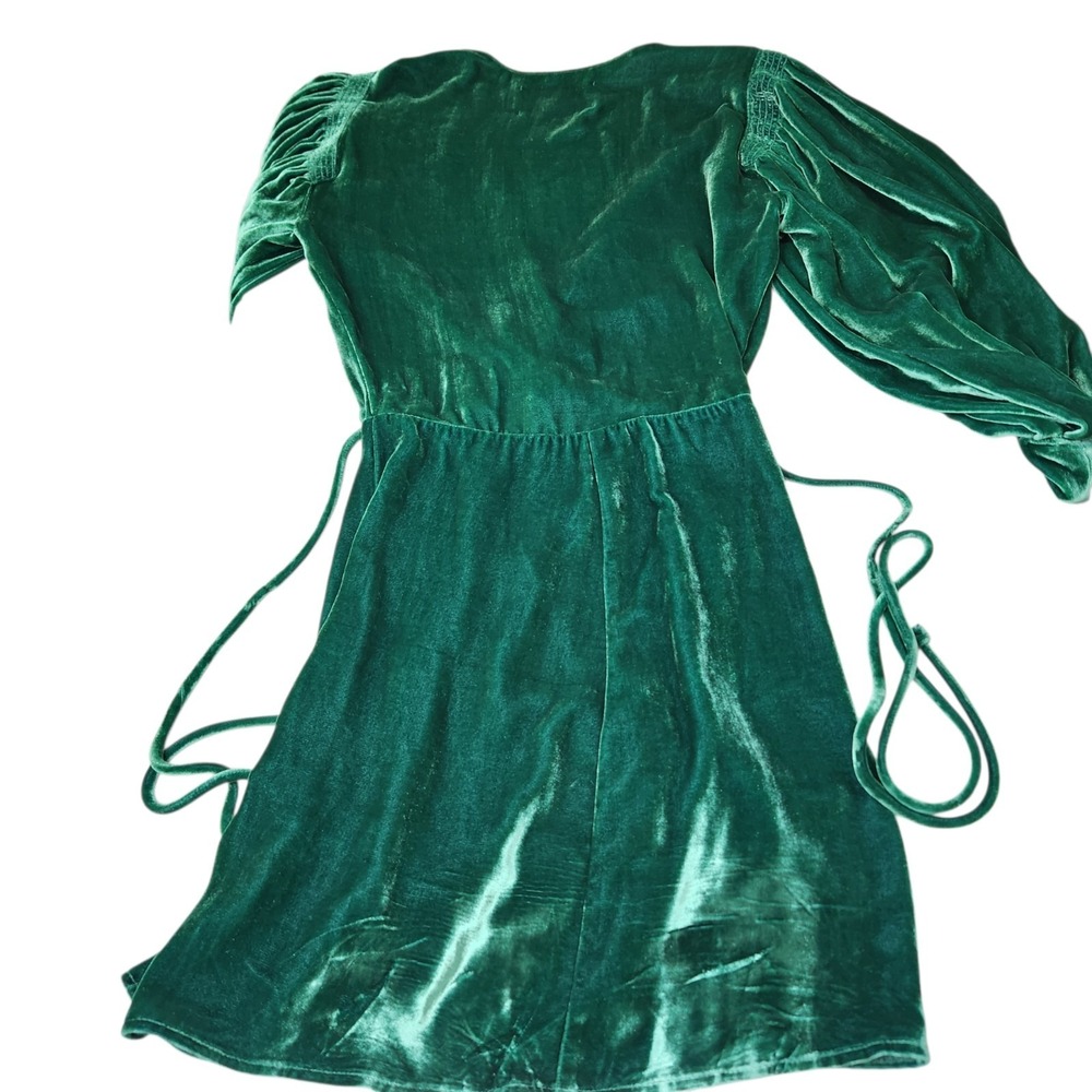 Reformation Size XS Emerald Green Velvet Wrap Mini Dress‎ 3/4 Sleeve Burnout - Picture 11 of 13